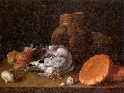 Melendez, Luis Eugenio Still Life with Pigeons, Onions, Bread and Kitchen Utensils oil painting